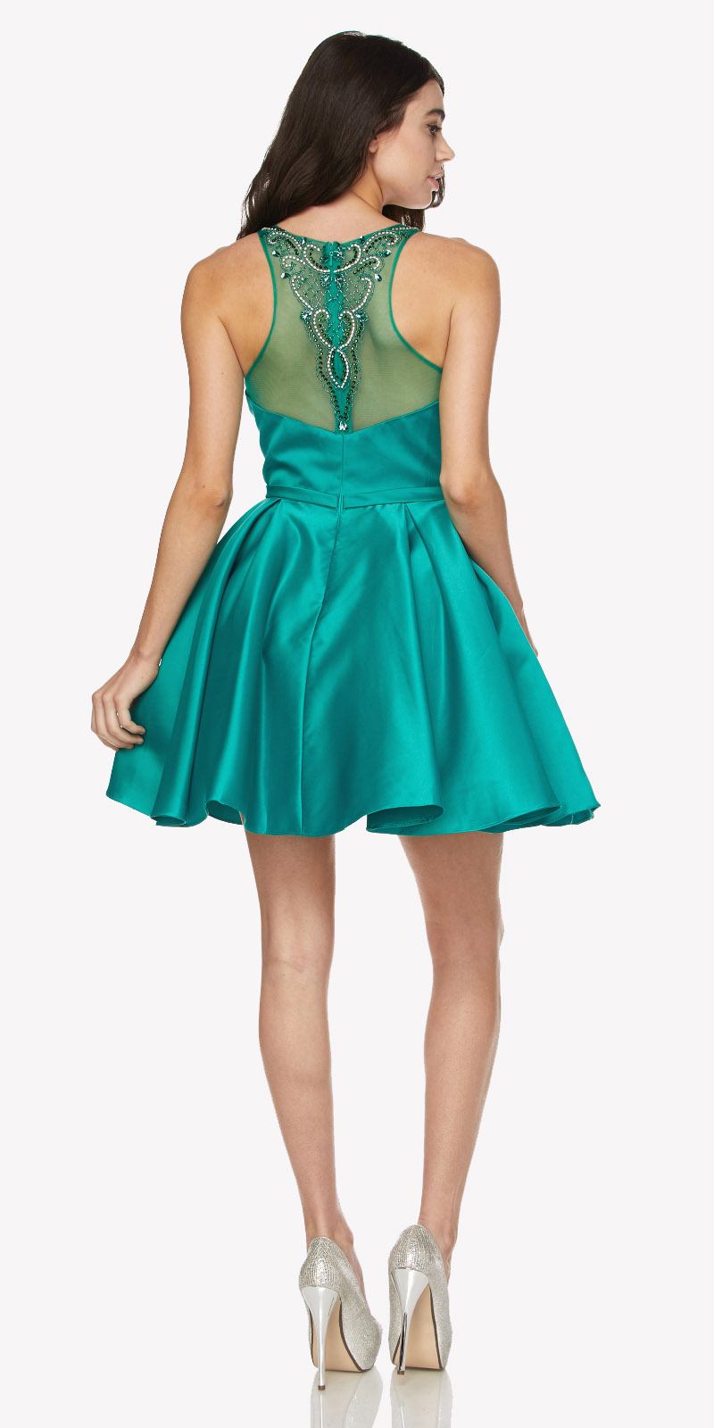 Teal satin short dress, scoop back with beaded lace applique detail