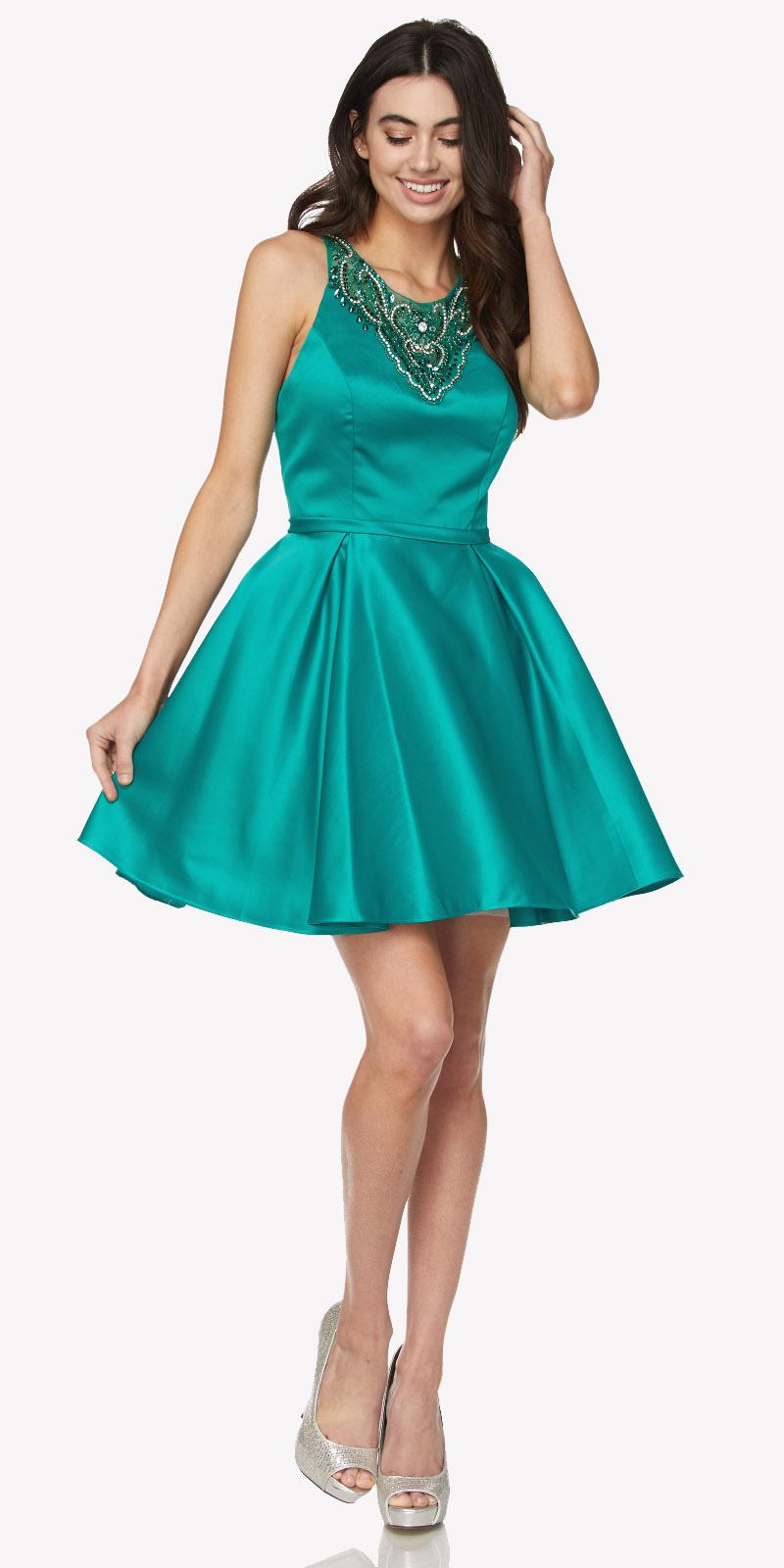 Teal satin short dress with scoop neck and beaded lace applique bodice