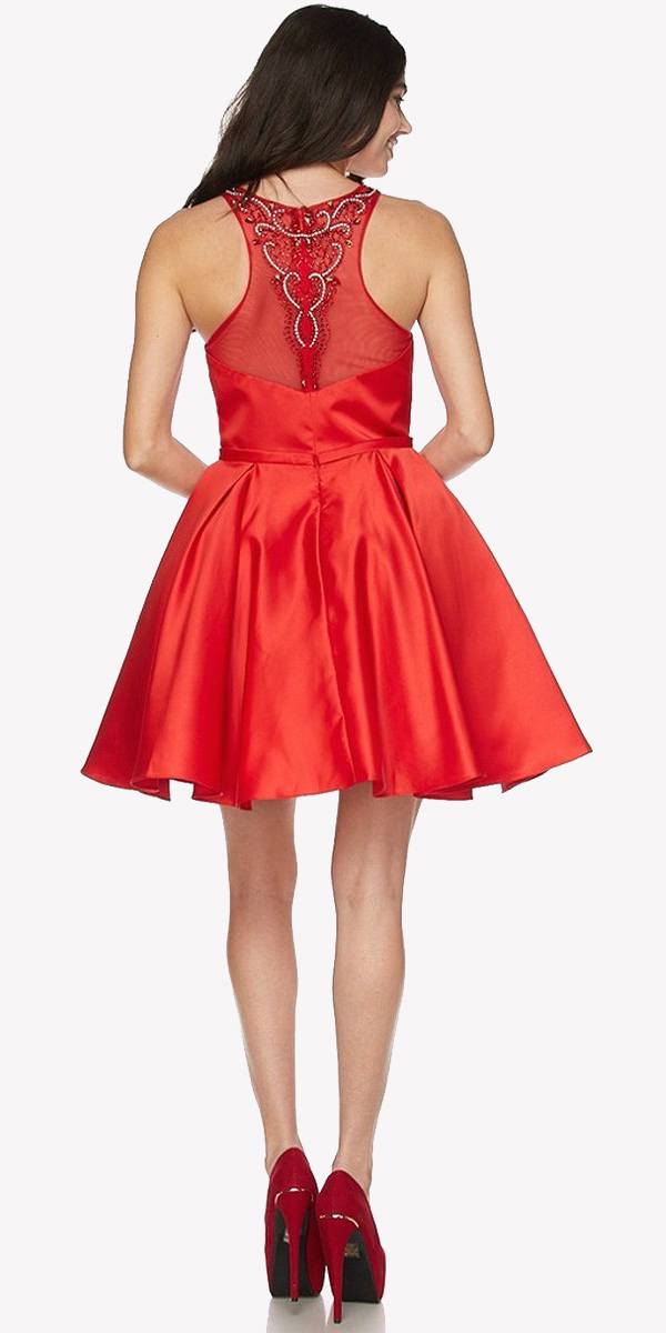 Red satin short dress with scoop back and beaded lace applique detail