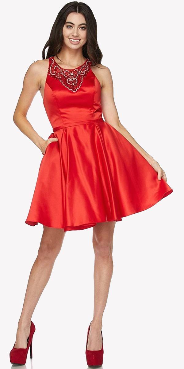 Red satin short dress with scoop neck and beaded lace applique bodice
