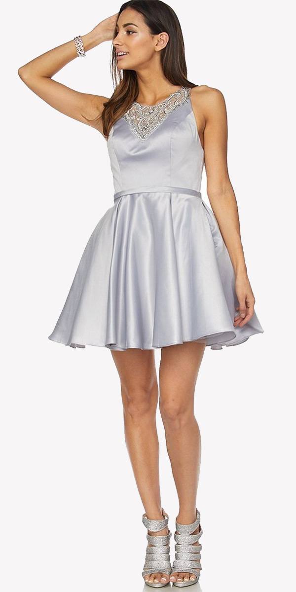 Silver satin short dress with scoop neck and beaded lace applique bodice