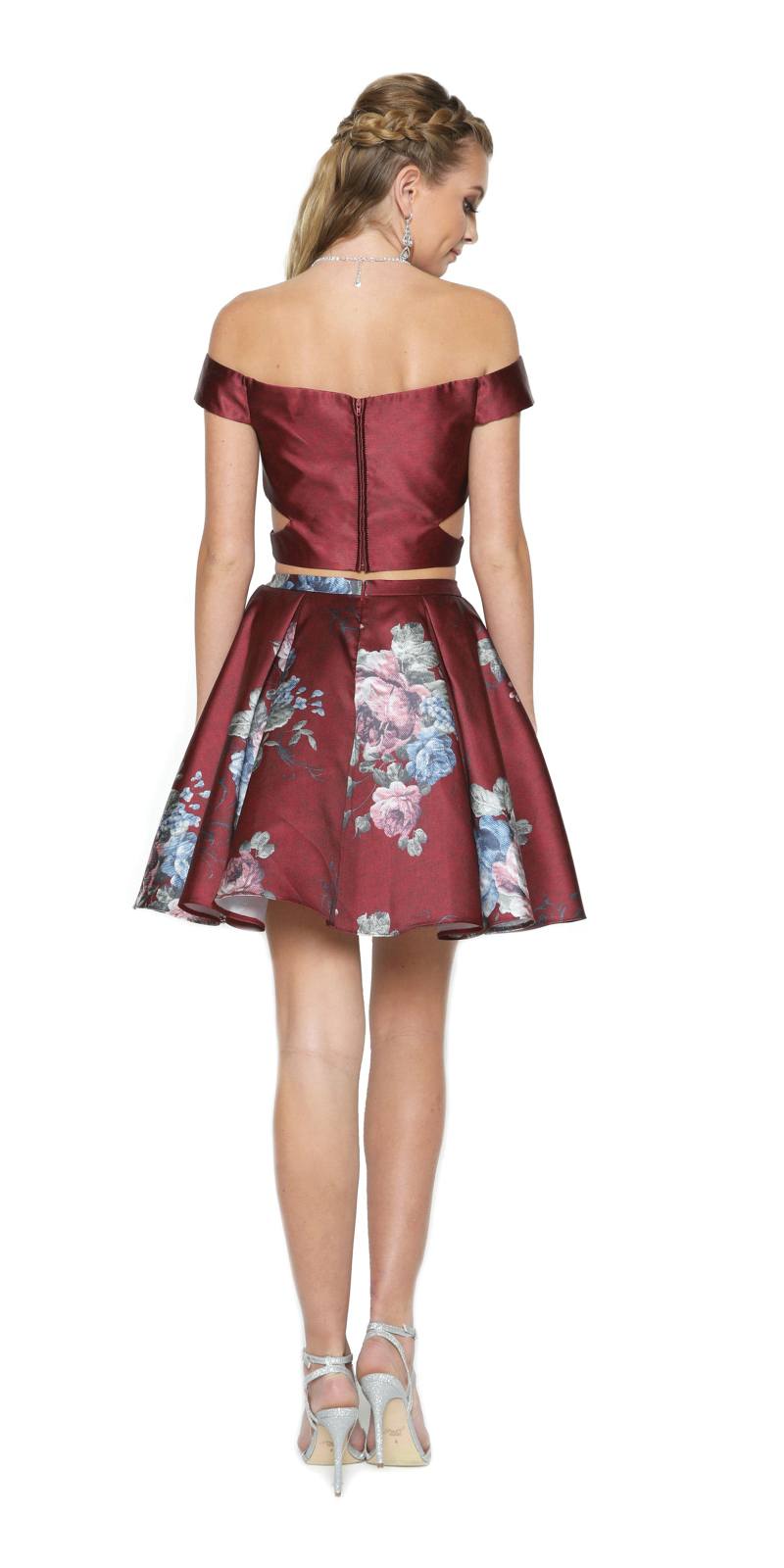 Burgundy off-shoulder two-piece dress with floral print A-line skirt, back view