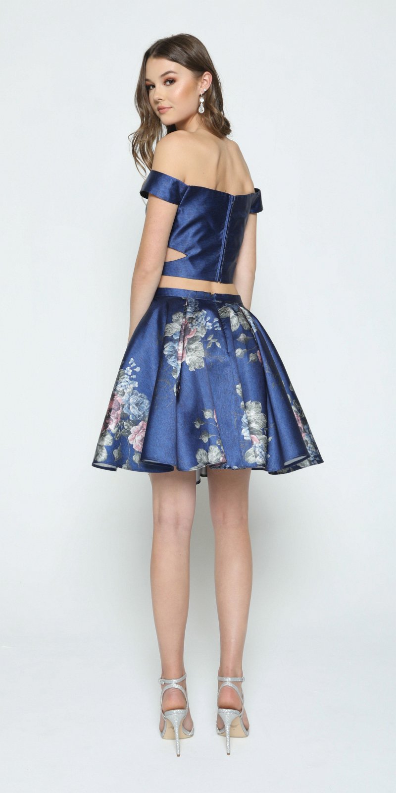 Navy off-shoulder two-piece dress with floral print A-line skirt, side view