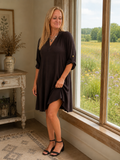 HEIMISH THREE-QUARTER ROLL UP BUTTON SLEEVE COLLARED BLACK DRESS