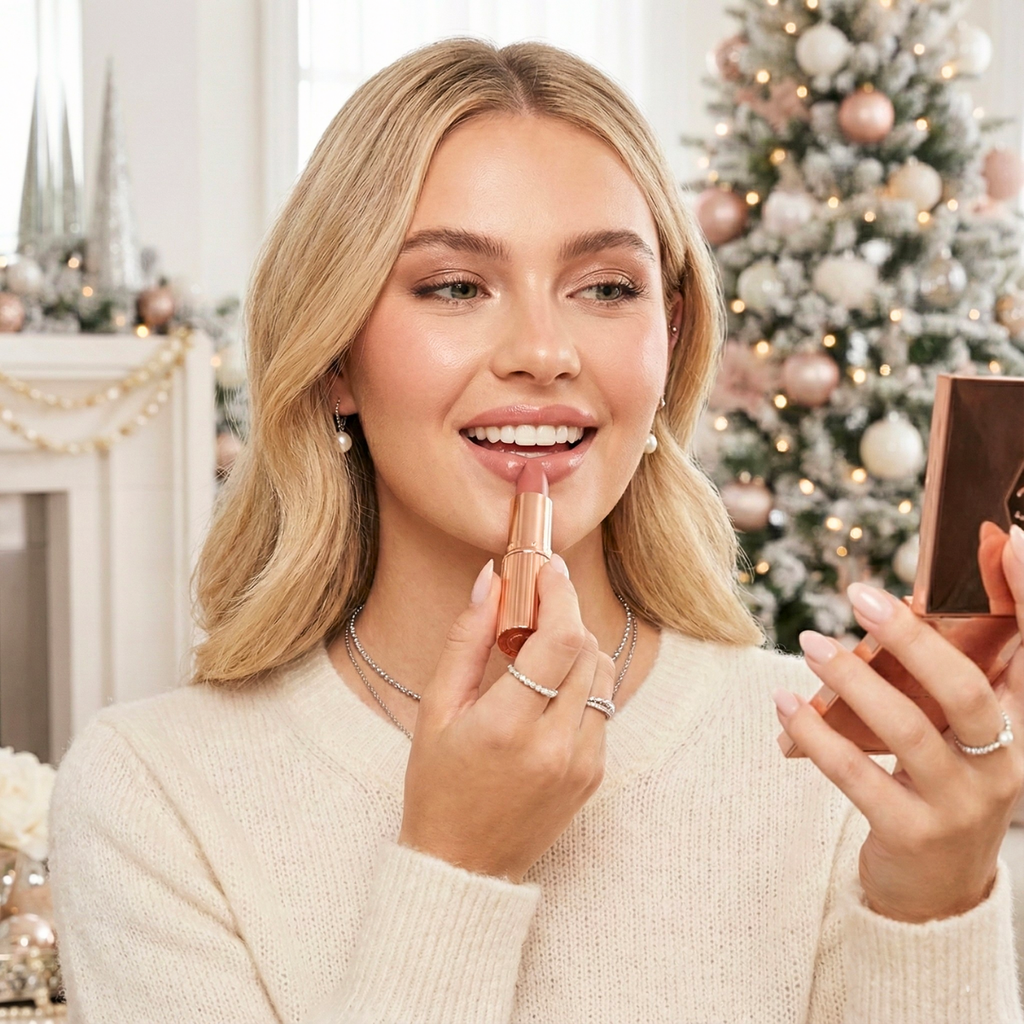 Woman applying rose lipstick with a nude-pink lip product