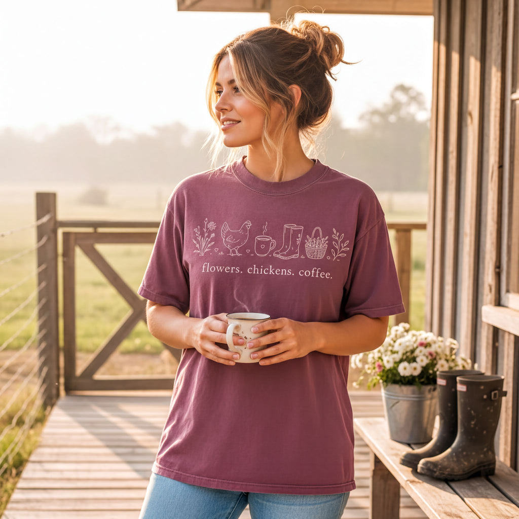 Purple unisex t-shirt with chicken, coffee, and flowers graphic in white ink