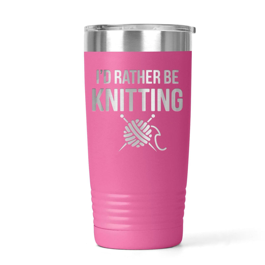 Double-wall stainless steel knitting tumbler, pink cup with knit graphic and slogan