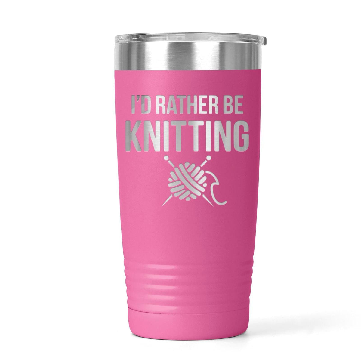 Double-wall stainless steel knitting tumbler, pink cup with knit graphic and slogan