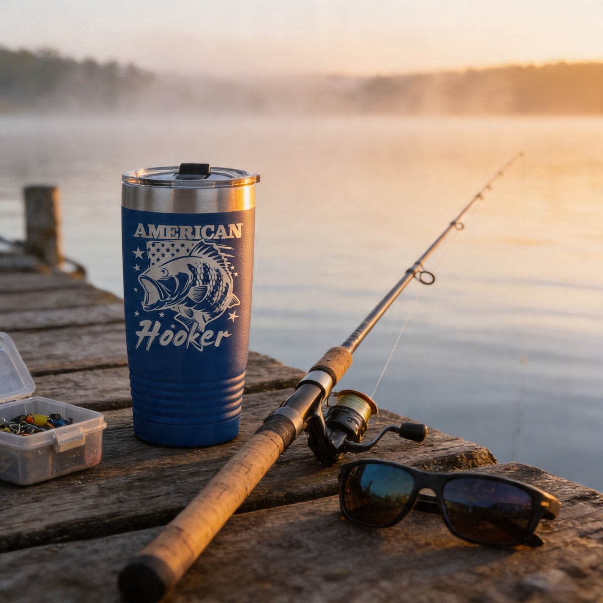 Insulated stainless steel tumbler with spill-resistant lid, blue American Hooker fish graphic