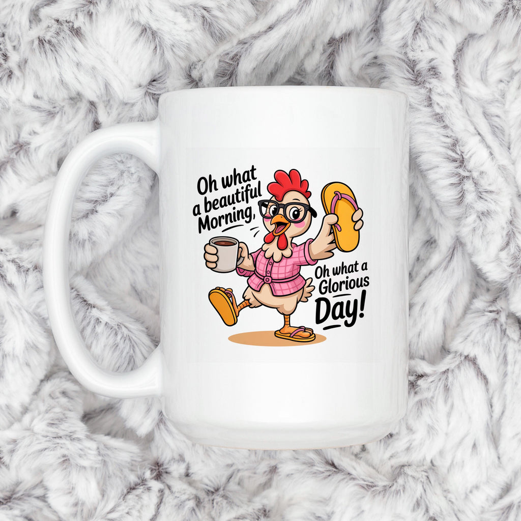 White ceramic mug with chicken illustration on the front, viewed from above with handle