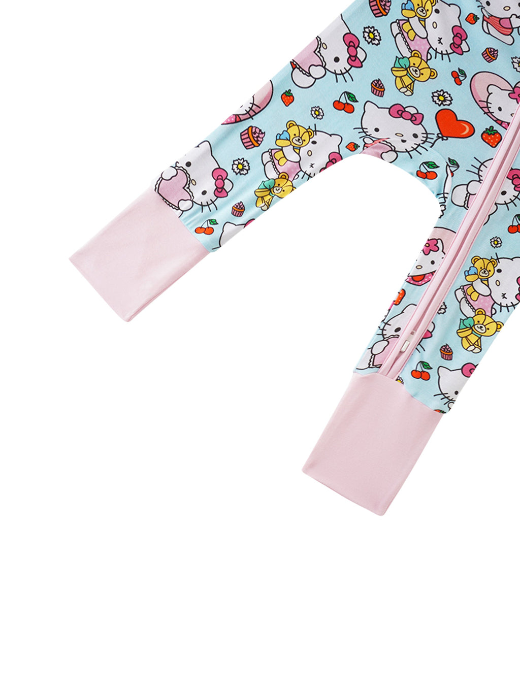 Bamboo baby romper with Hello Kitty friends print and pink cuffs, side view