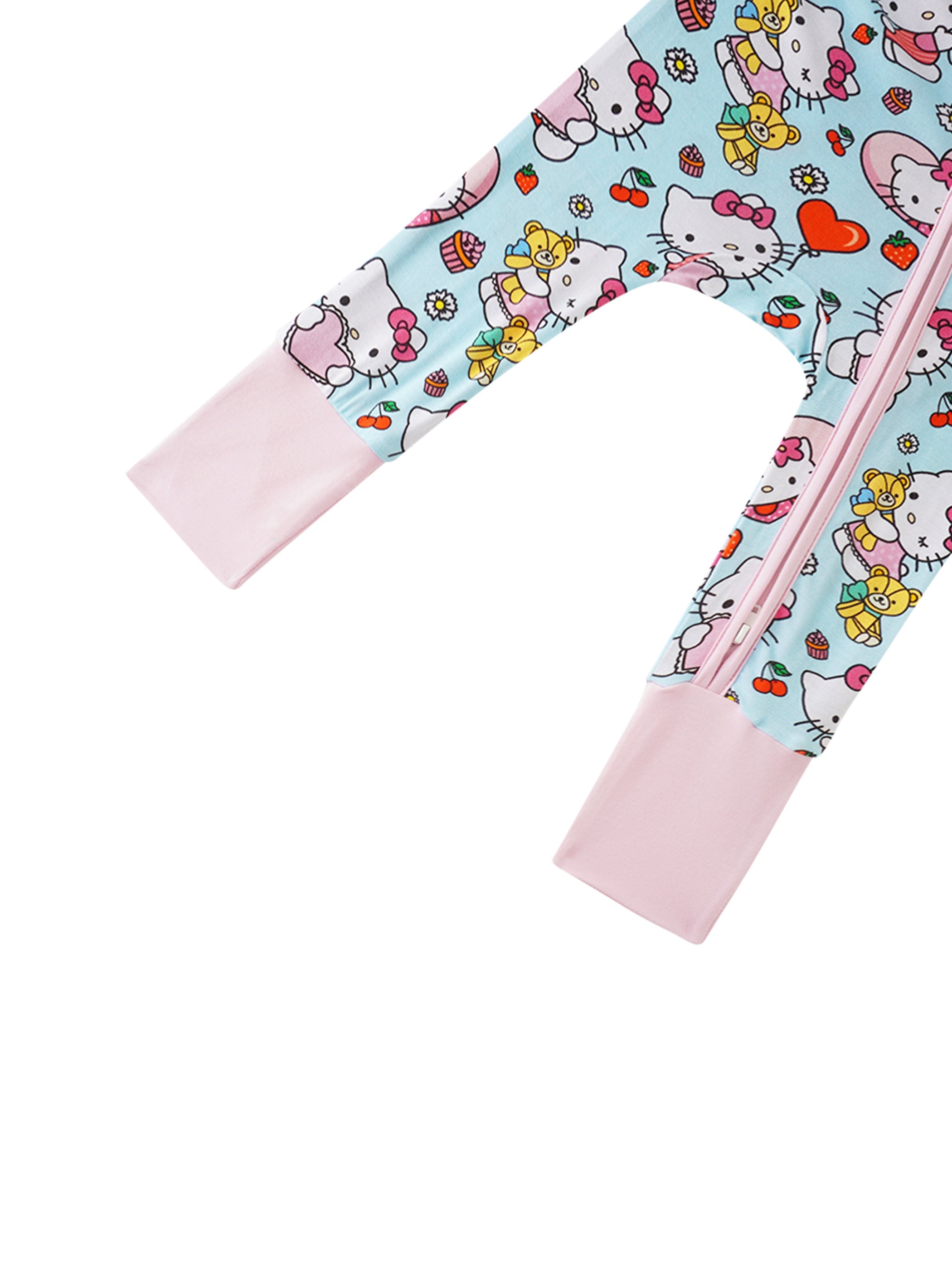 Bamboo baby romper with Hello Kitty friends print and pink cuffs, side view