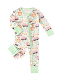 White animal-print bamboo baby romper with mint zip-front and long sleeves