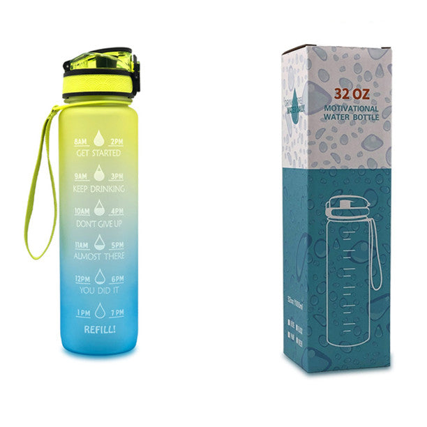 1L motivational time-marker water bottle with bounce cover, yellow-to-green gradient, carry loop