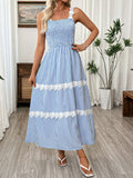 Striped Smocked Lace Trim Midi Dress