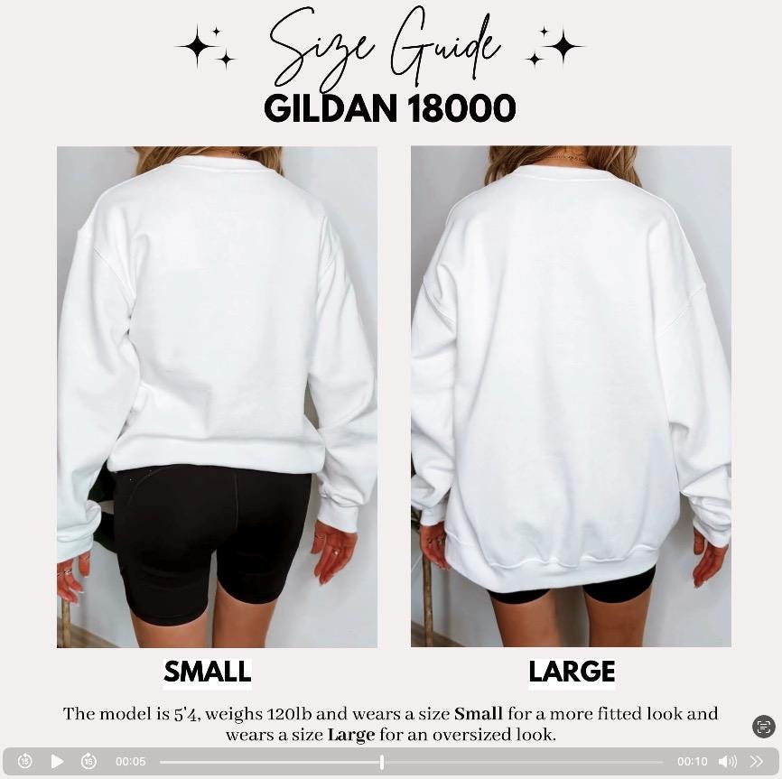 White sweatshirt back view with Gildan 18000 size guide for small and large