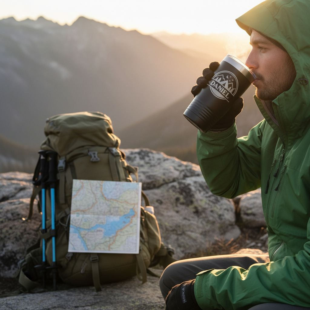 Insulated travel mug with mountain stars “Daniel” logo, held by a camper outdoors