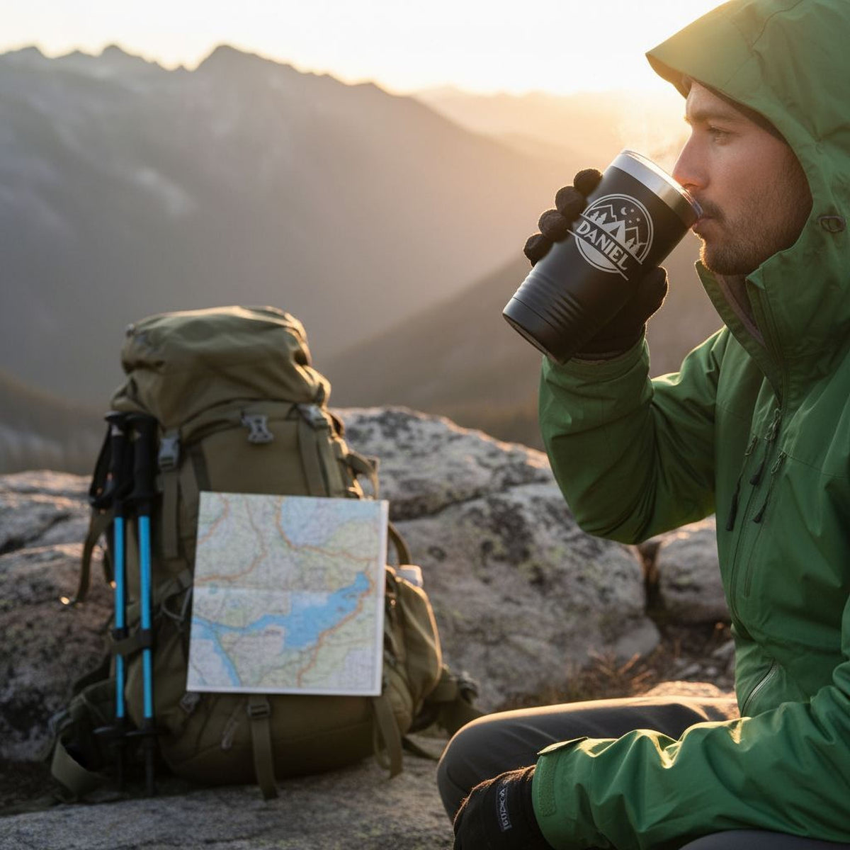Insulated travel mug with mountain stars “Daniel” logo, held by a camper outdoors