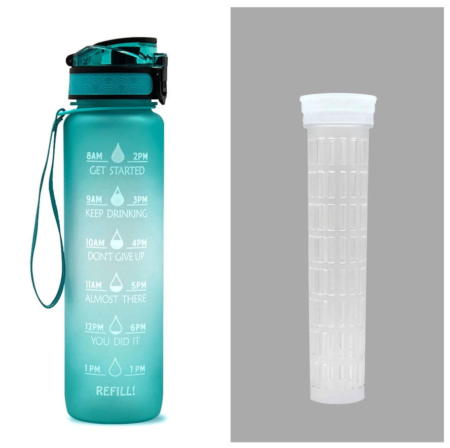 1L time-marker water bottle in teal with motivational schedule and carry strap, dark cap