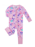 Pink bamboo baby zip romper with allover Kuromi and friends print, front view