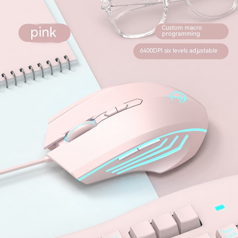 Pink wired gaming mouse with teal LED stripes and scroll wheel, connected cable