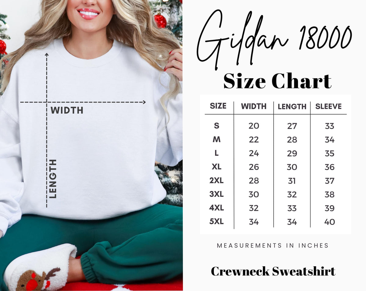 White crewneck sweatshirt with size chart overlay and width and length guide