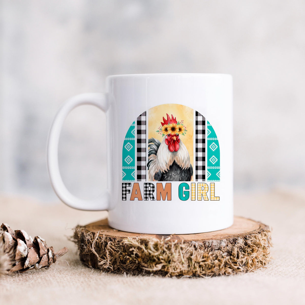White ceramic mug with rooster and sunflower crown, Farm Girl print on wood base