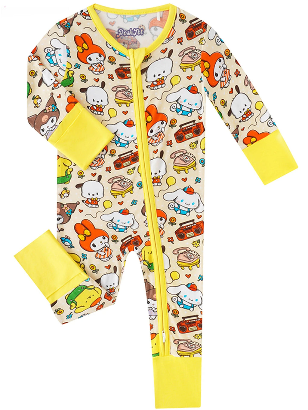 Baby bamboo convertible romper with yellow cuffs and 2-way zip; Cinnamoroll friends print