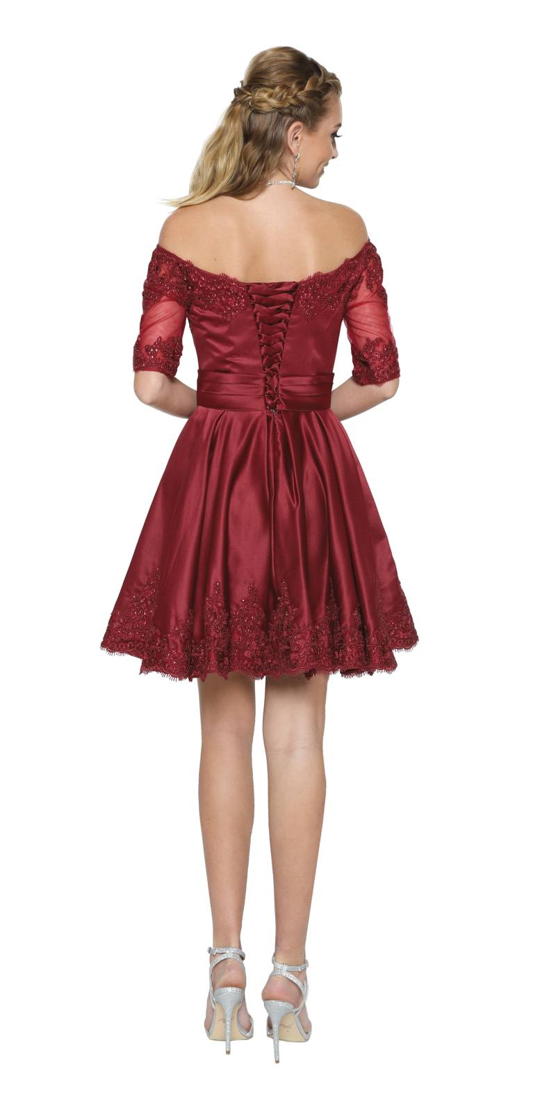 Back view off-shoulder short dress in burgundy with lace sleeves and flared skirt