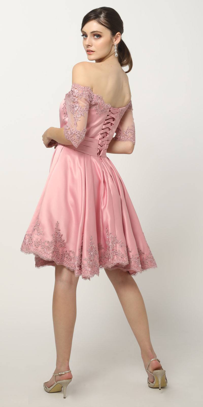 Side view off-shoulder short dress in rose pink with lace appliques and flared skirt