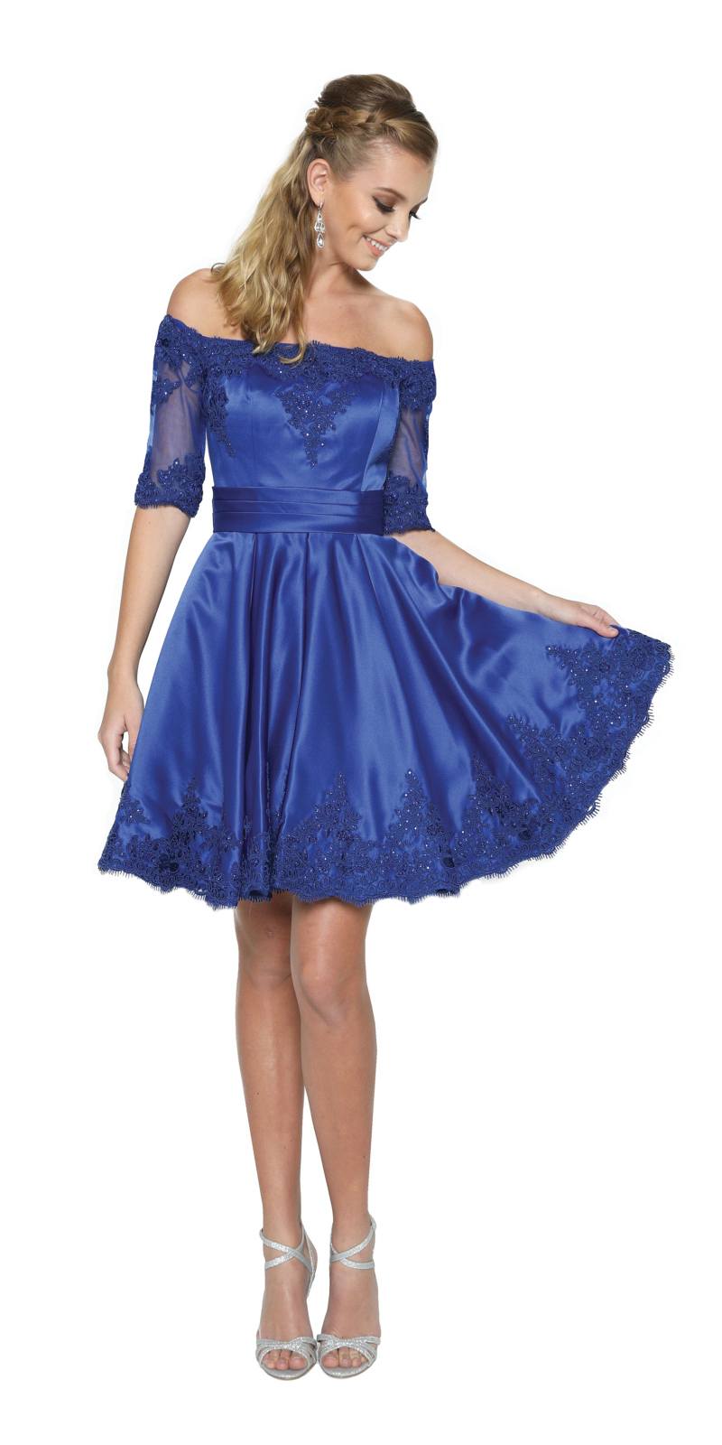 Off-shoulder short dress in royal blue with lace appliques and flared skirt