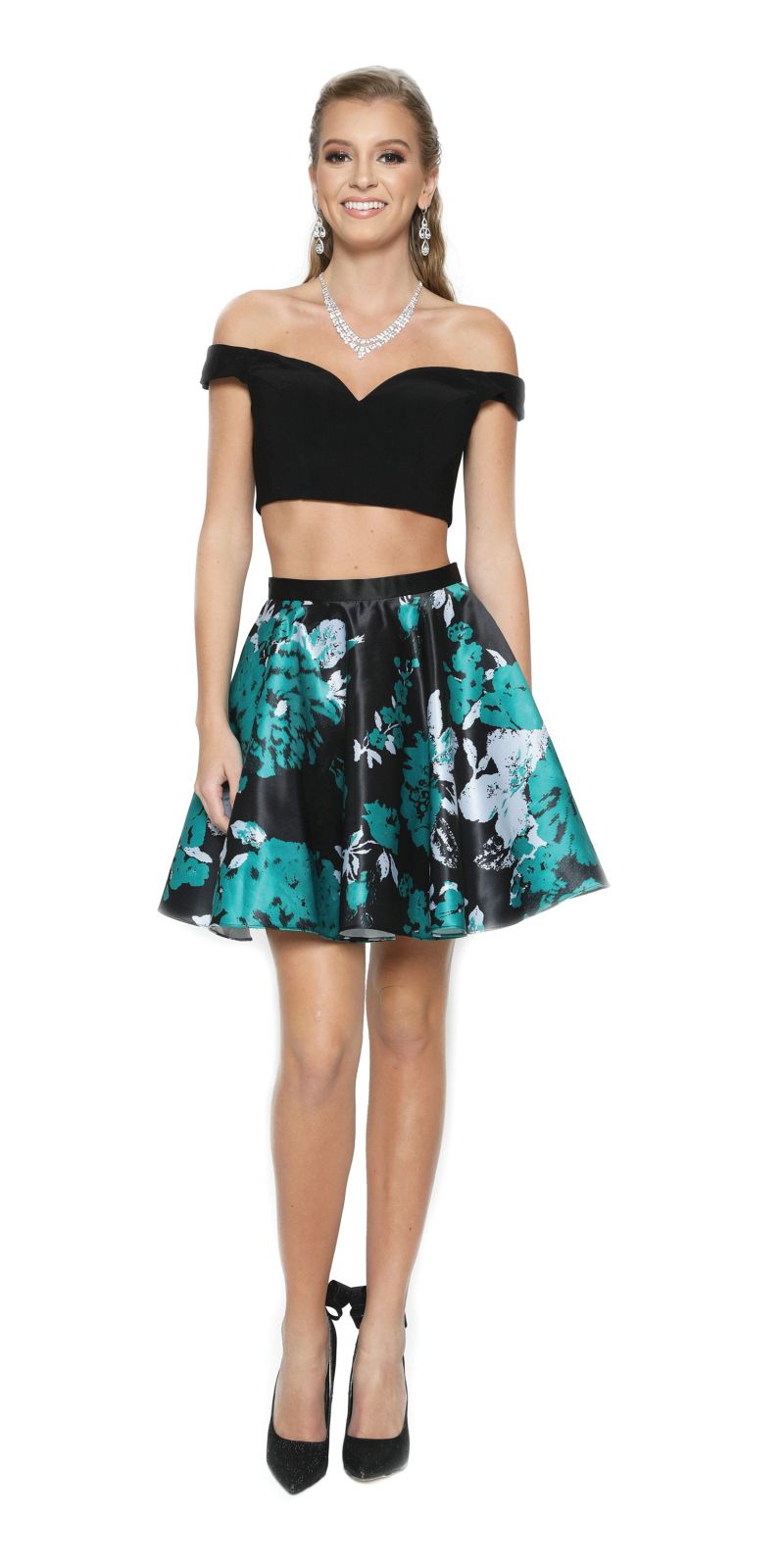 Two-piece off-shoulder party dress with black crop top and teal floral print skirt