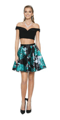 Two-piece off-shoulder party dress with black crop top and teal floral print skirt