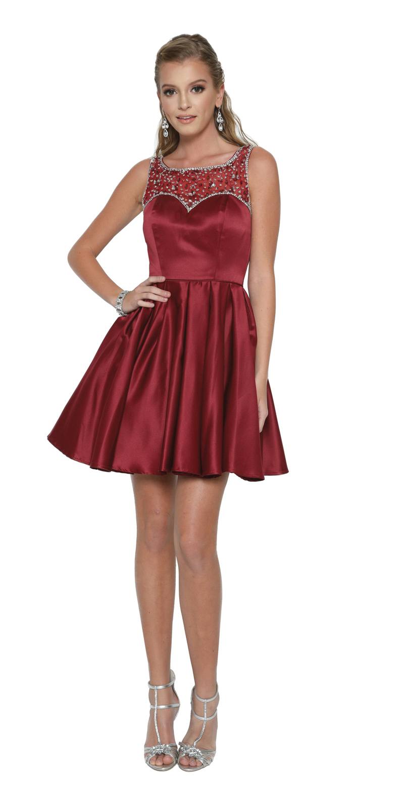 Juliet 808 burgundy sleeveless short dress with beaded illusion neckline and flared skirt