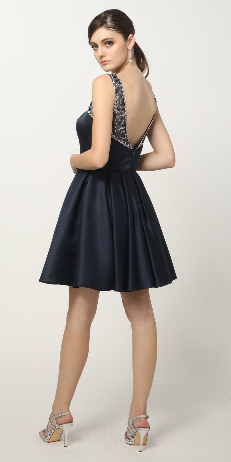 Juliet 808 dark sleeveless short dress with beaded illusion open back and pleated skirt