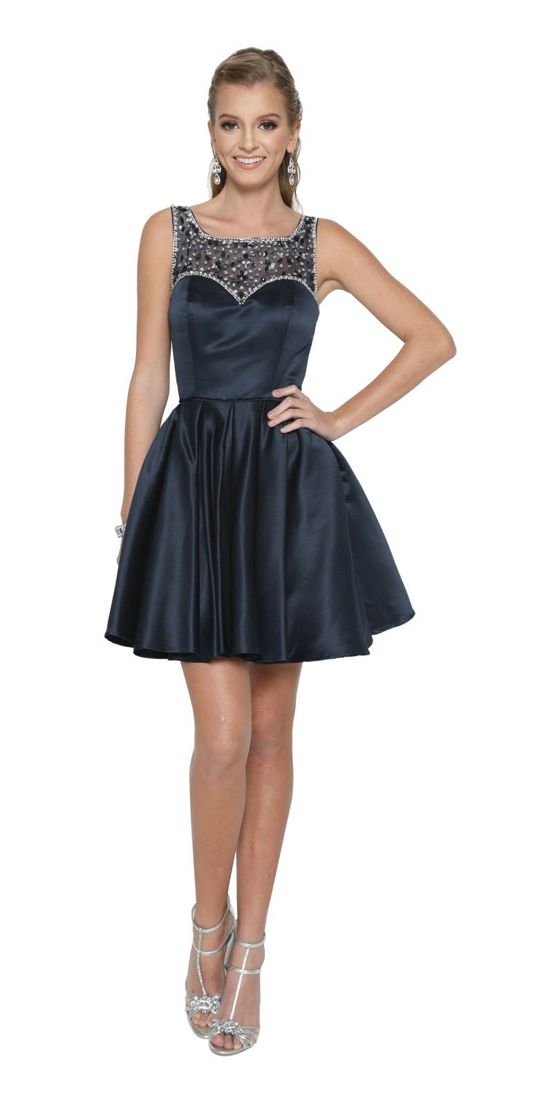 Juliet 808 dark sleeveless short dress with beaded illusion neckline and full skirt