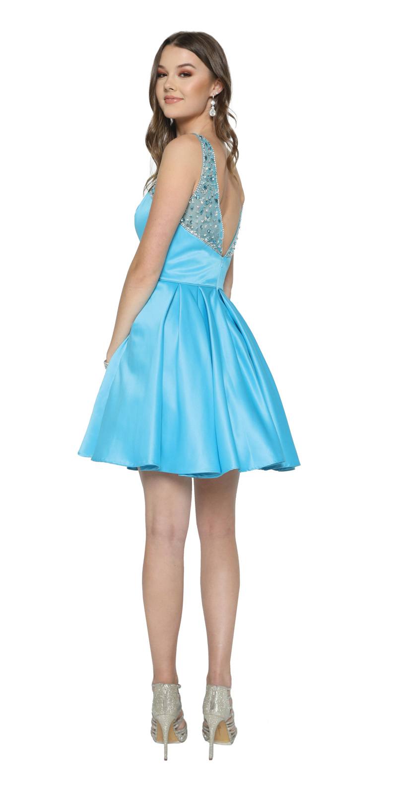 Juliet 808 turquoise sleeveless short dress with beaded illusion back and flared skirt