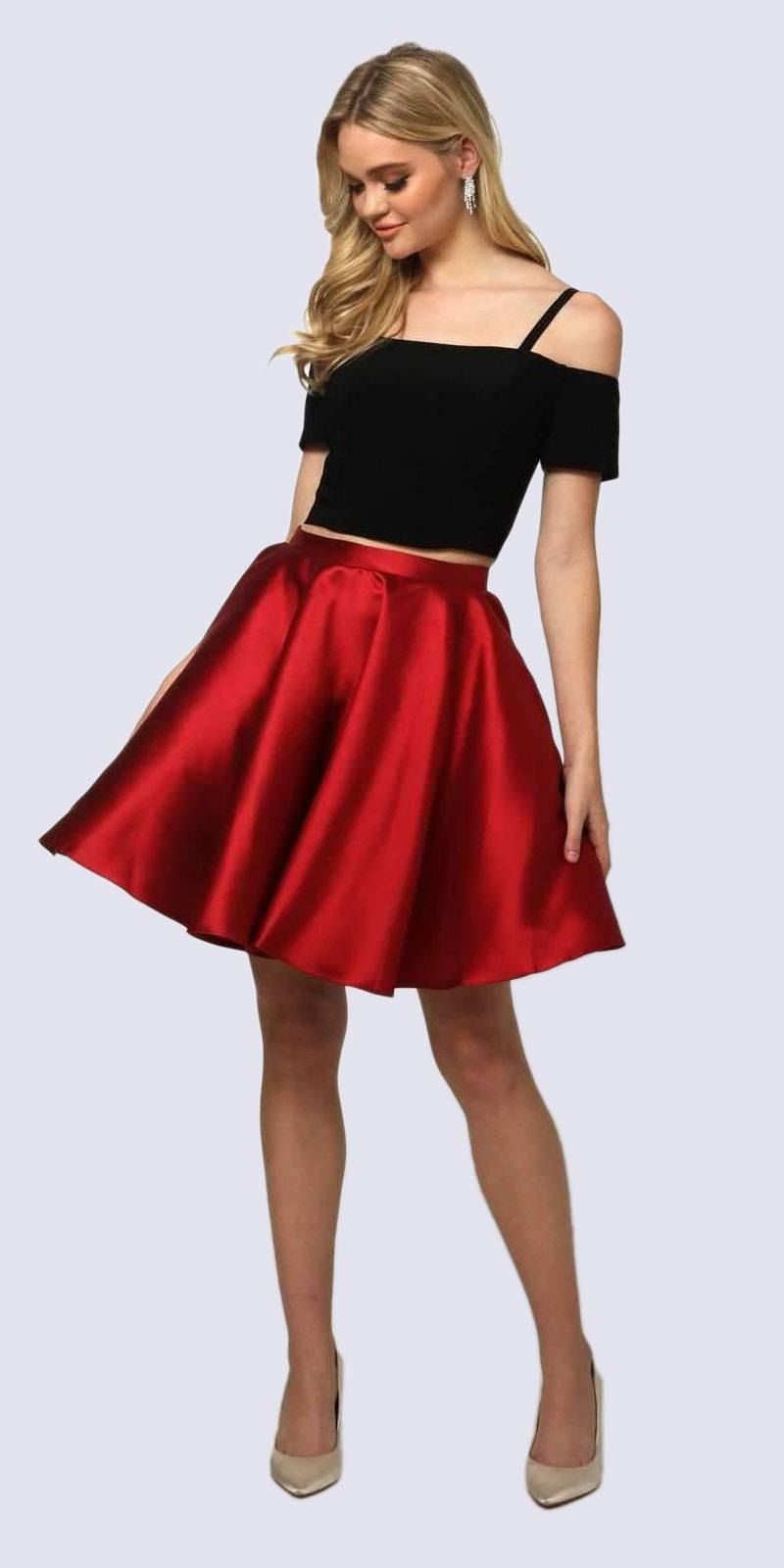 Two-piece cold-shoulder dress with black off-shoulder top and red flared skirt