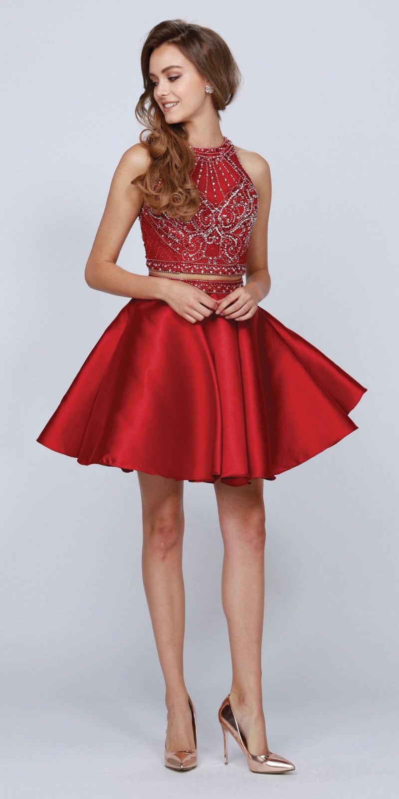 Burgundy two-piece short dress with embellished sleeveless bodice and flared skirt