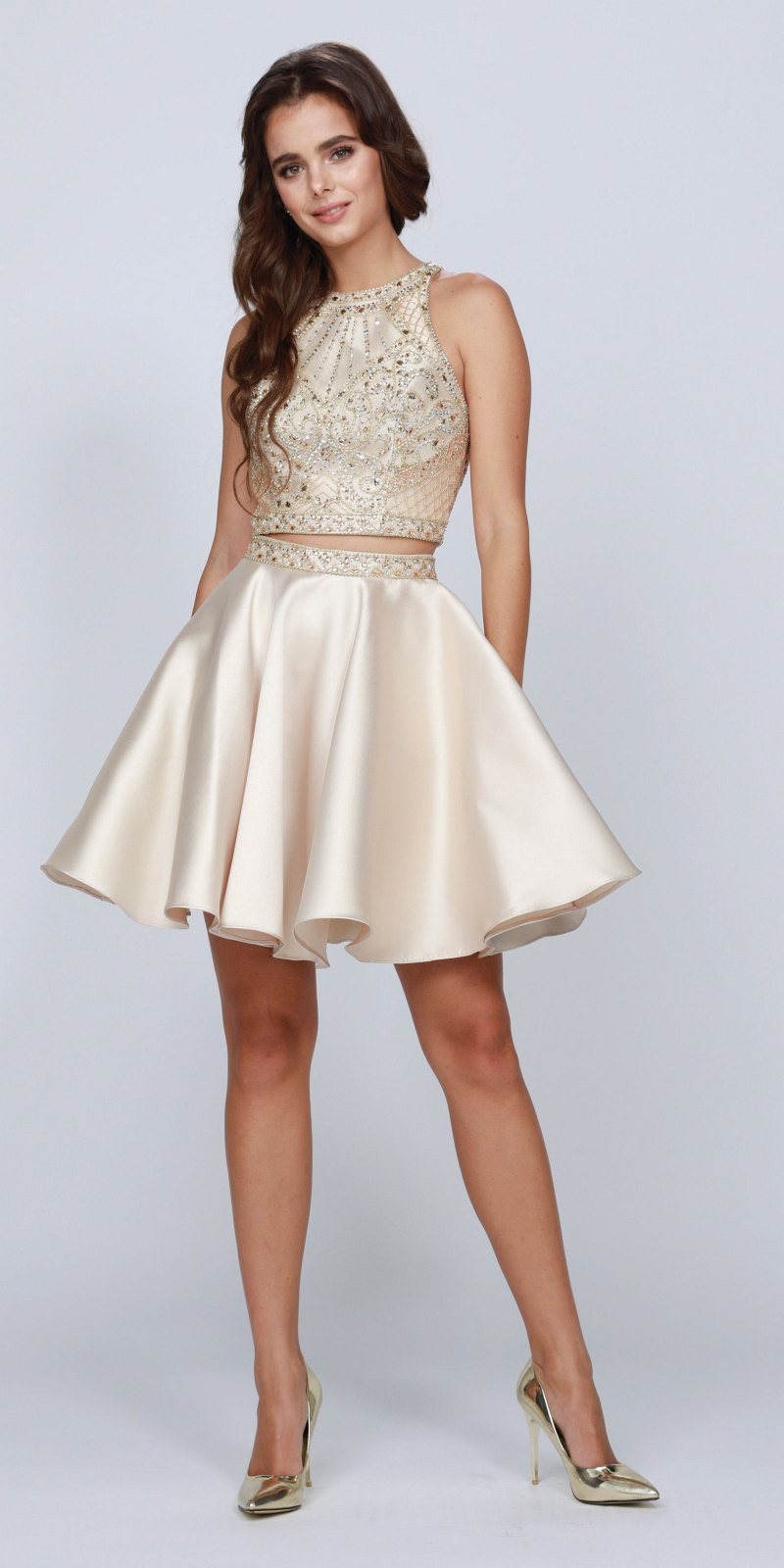 Ivory two-piece short dress with embellished sleeveless bodice and flared skirt