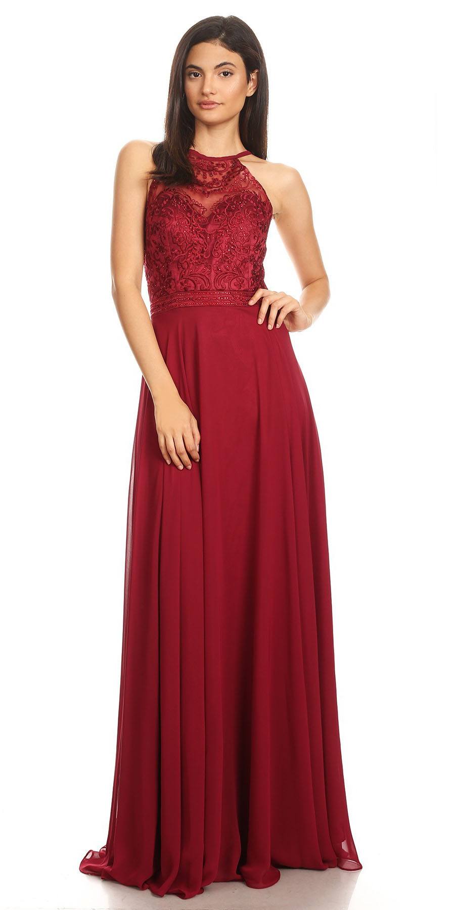 Burgundy red long chiffon halter A-line dress with lace bodice and gathered skirt