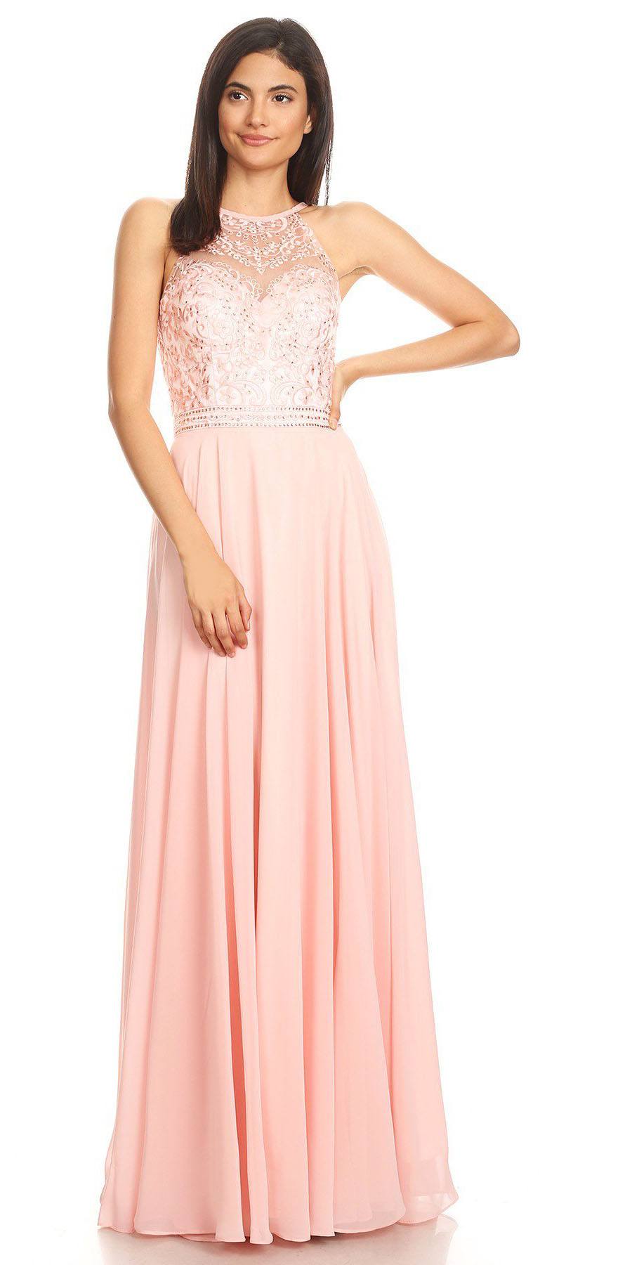 Blush pink long chiffon halter A-line dress with lace appliqued bodice and pleated skirt