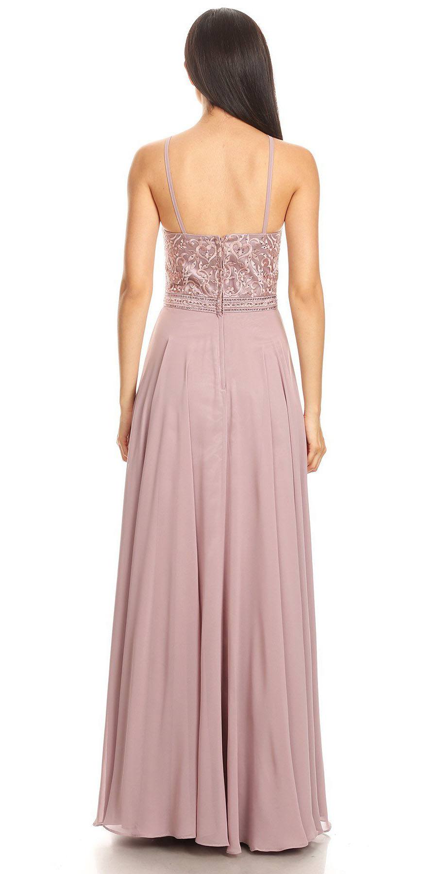 Mauve long chiffon halter A-line dress, lace back detail and flowing pleated skirt