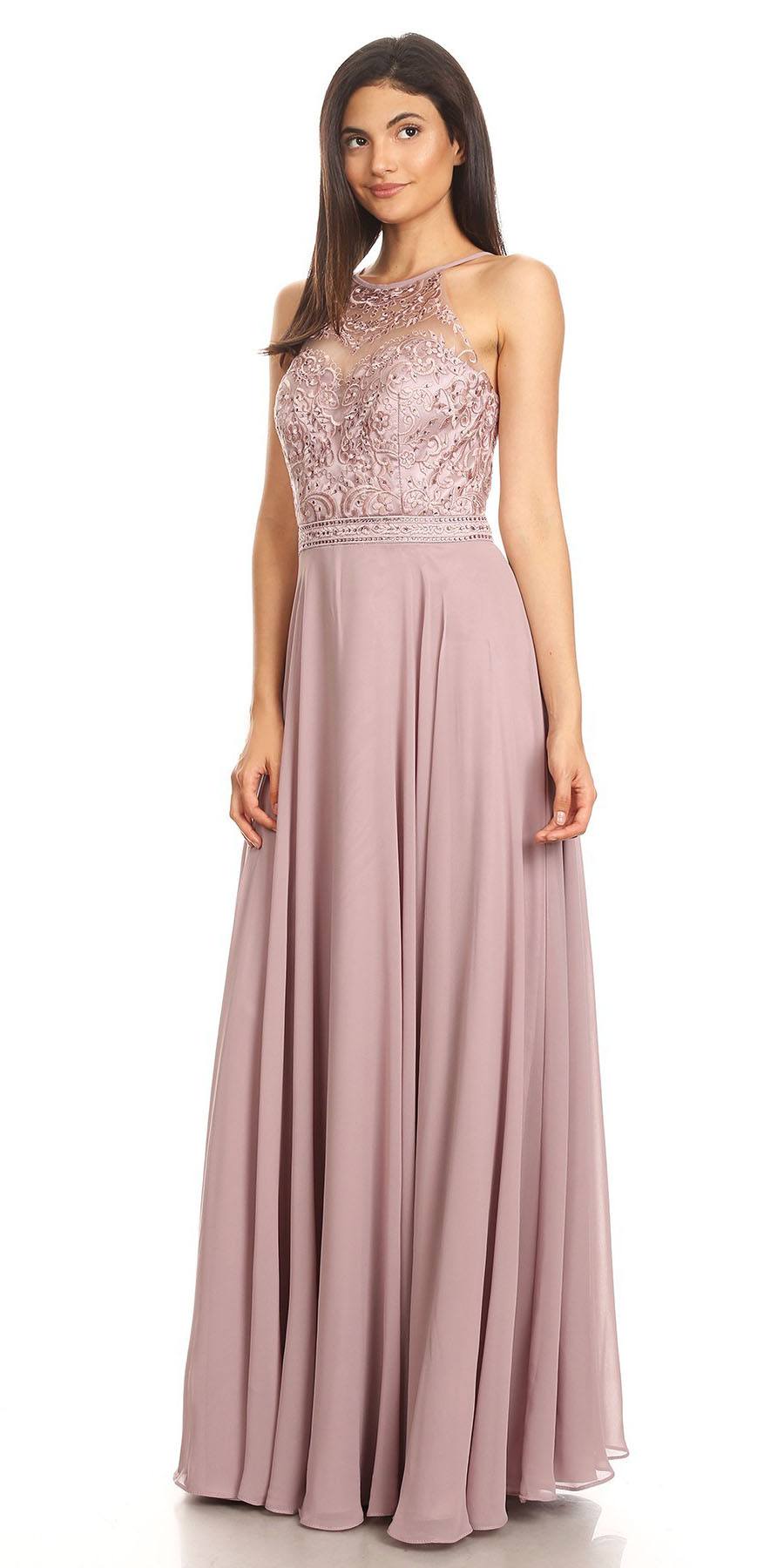 Mauve long chiffon halter A-line dress with lace appliqued bodice and soft pleats