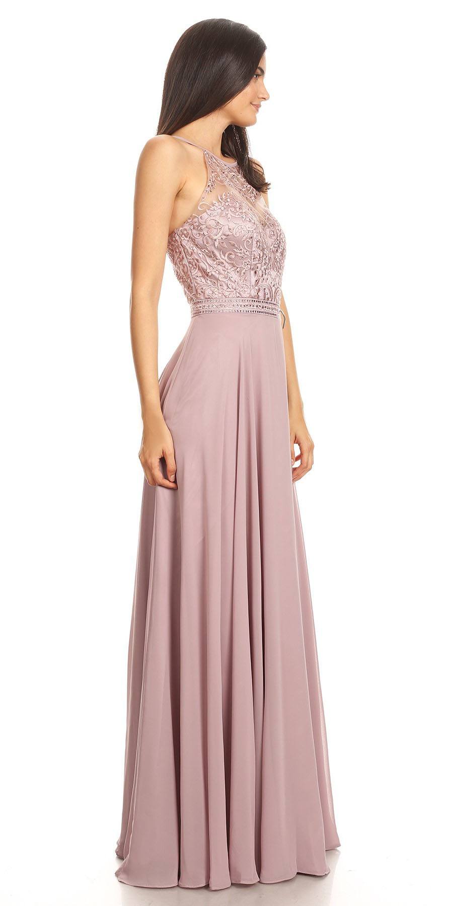 Mauve long chiffon halter A-line dress with lace bodice and full pleated skirt