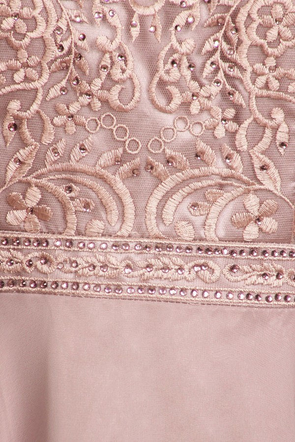 Mauve lace appliqued bodice with beaded trim and floral embroidery