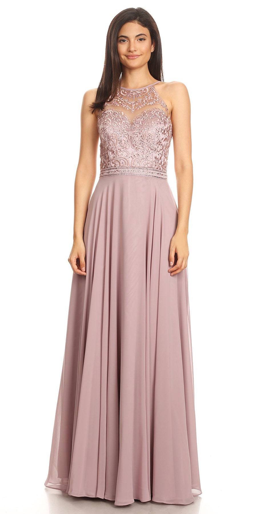 Mauve long halter A-line dress with lace appliqued bodice and draped chiffon skirt