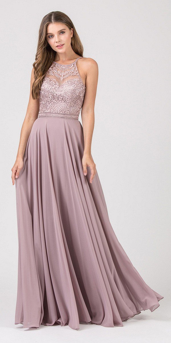Mauve long chiffon halter A-line dress with lace appliqued bodice and pleated skirt