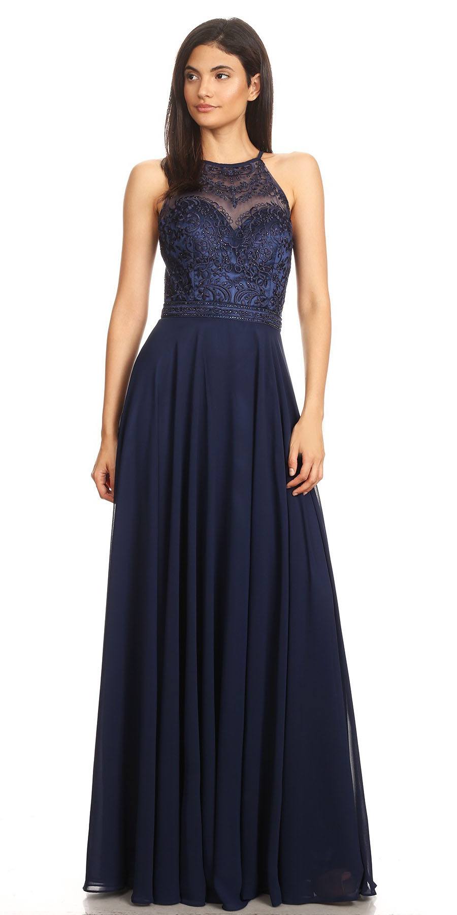 Navy blue long chiffon halter A-line dress with lace appliqued bodice and pleated skirt