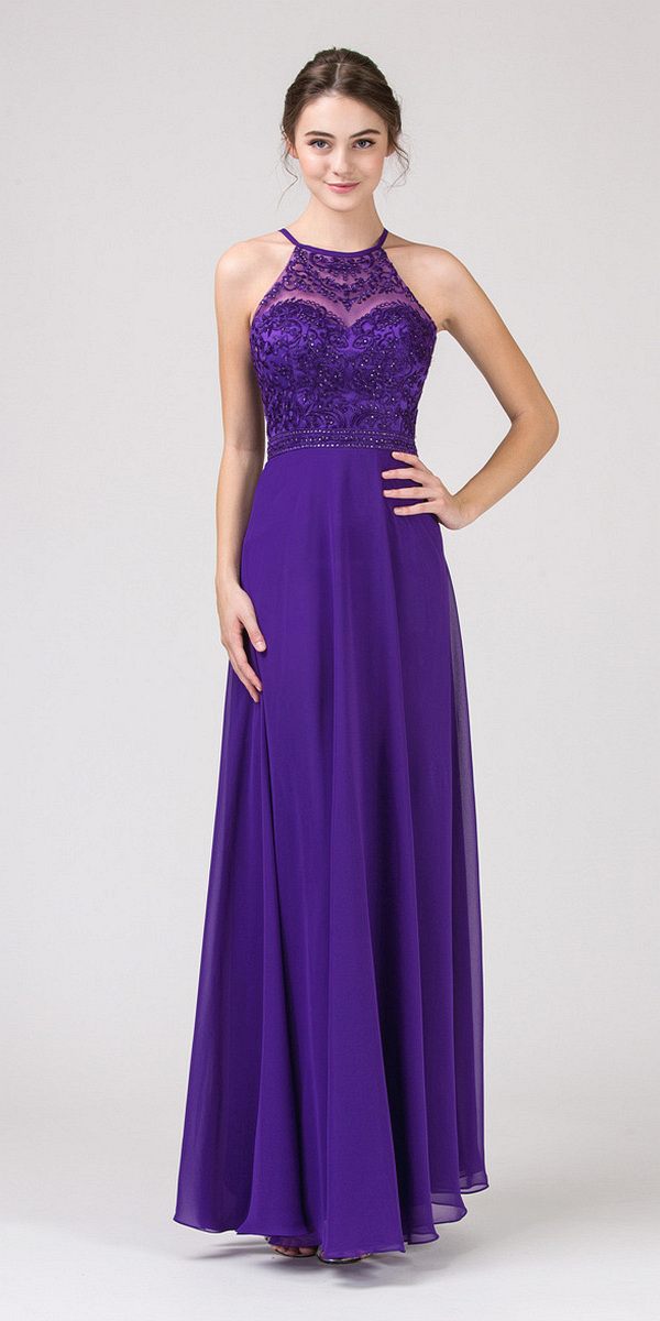 Purple long chiffon halter A-line dress with lace appliqued bodice and flowing skirt